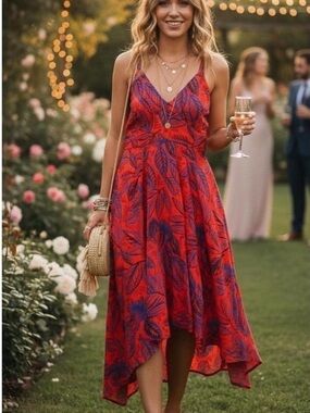 Alexis Red & blue Leaf-Print V-Neck Midi Dress